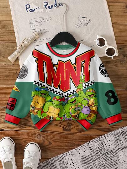 TEENAGE MUTANT NINJA TURTLES | SHEIN Young Boy Casual Fashionable Street Cartoon Turtle & Letter Print Fleece Pullover Sweatshirt, Autumn/Winter