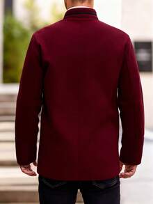 Manfinity Homme 男士休闲单排扣立领羊毛混纺大衣，秋冬款 - 酒紅色 - 查看 2