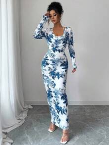 Elenzga New Style Blue & White Floral Print Sexy Elegant Draped Neck Ruffle Tie Waist Slim Fit Bodycon Mini Dress, Autumn/Winter - Navy Blue - View 6