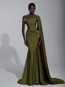 Elitara Elegant Chocolate Brown Knit Asymmetric Half-Exposed Shoulder Mermaid Hem Dress,Handcrafted Pleated Metal Buckle Waist Ruched Gown For Formal Dinner - Olive Green - View 1