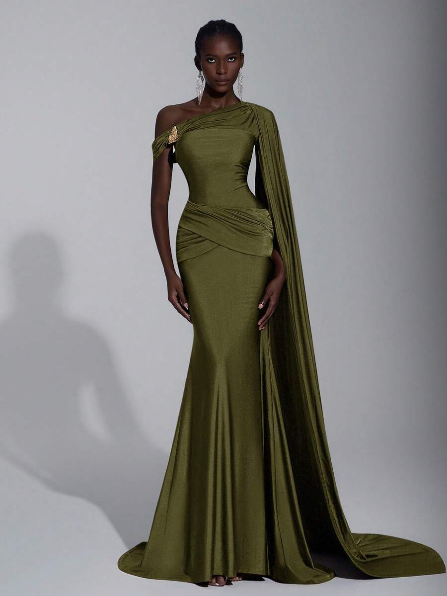 Elitara Elegant Chocolate Brown Knit Asymmetric Half-Exposed Shoulder Mermaid Hem Dress,Handcrafted Pleated Metal Buckle Waist Ruched Gown For Formal Dinner - Olive Green - View 1
