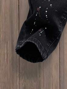 SHEIN Coolqubz Tween 男童黑色破洞泼漆弹力牛仔裤