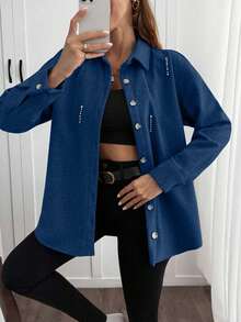 EURMUSE Solid Color , Rhinestone Details, Over Shirt Jacket - Navy Blue - View 4