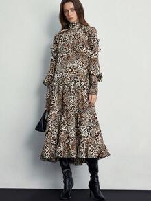 Aveloria Modichic Váy maxi dài tay, cổ buộc họa tiết da báo, dáng rộng, mềm mại, phù hợp mặc thường ngày mùa thu/đông và dự tiệc cổ điển - Nhiều màu - Xem 6