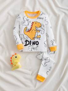 Toddler Boys' Cartoon Dinosaur & Letter Print Long Sleeve Top And Elastic Waist Pants Pajama Set, Spring/Autumn - Yellow - View 1