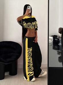 StreetHx 2pcs/Set Women's Printed Contrast Color Cropped Top + Sweatpants - Multicolor - View 6