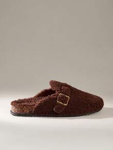 Solecia 女士秋冬新款羊毛保暖圆头平底拖鞋复古休闲鞋巧克力棕色家居服 - 巧克力棕 - 查看 1