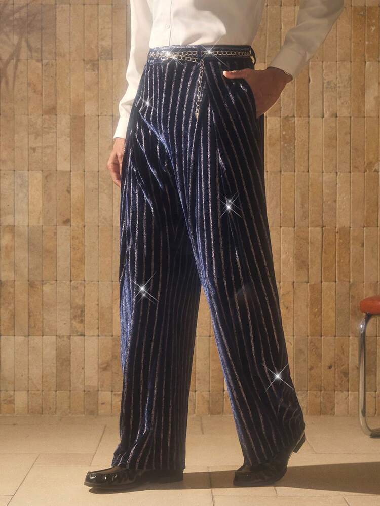 Men's Fashionable Glitter Casual Pants Cowboy Men's Navy Blue Pinstripe Pants Chinese Style Velvet Pants Wide-Leg Pants Pinstripe Pants Pleated Pants