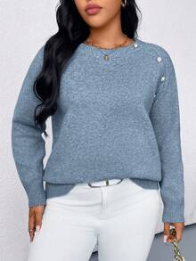 SHEIN PETITE CURVE Suéter feminino plus size de cor sólida com gola redonda, manga raglan e botões, ideal para outono/inverno. - Azul - Ver 1