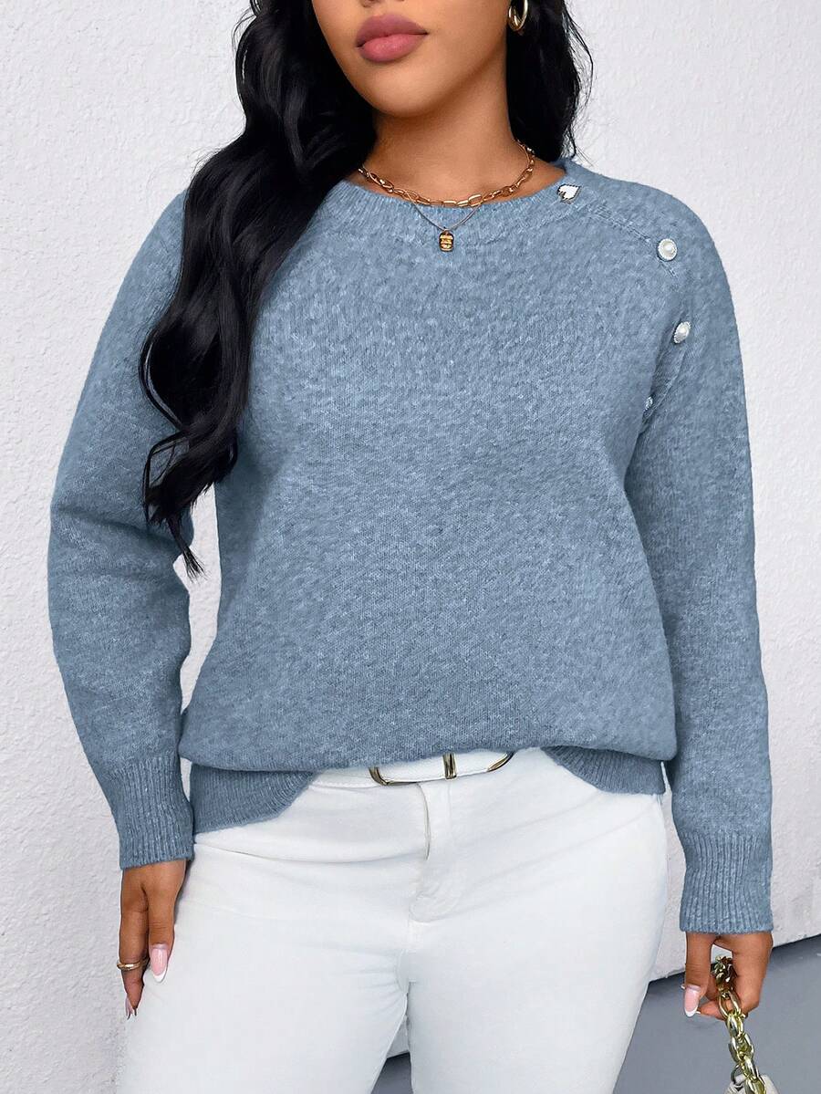 SHEIN PETITE CURVE Suéter feminino plus size de cor sólida com gola redonda, manga raglan e botões, ideal para outono/inverno. - Azul - Ver 1