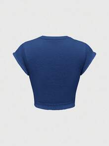 ROMWE Kawaii Cute & Innocent Collegiate Style Cherry Embroidered High Neck Lantern Sleeve Women Sweater - Blue - View 2