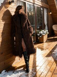 Anewsta 女士优雅修身仿皮草泰迪绒拼接长款仿皮草外套，冬季 - 棕色 - 查看 3