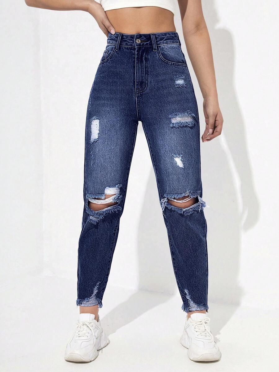 SHEIN EZwear Damen Sommer High Waist Destroyed Mom Fit Jeans