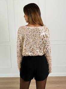 Siren Gaze Women's Sequin Boat Neck Long Sleeve Loose Top,Sparkly Gold Bling Top,New Year Elegant Party,Polka Dot Black And White,Autumn,Seductive,Night Out - Silver - View 2