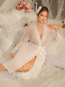 DelicateAllure White,Summer,Elegant,Wedding Guest Mesh Robe,Bridal Boudoir Lace Patchwork Sheer Nightgown Set,Charming Valentine's Day Plus Size Bride Sleepwear - White - View 5