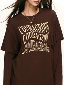 Rina Fox Women's Round Neck Casual Letter Pattern 2 In 1 Long Sleeve T-Shirt - Brown - View 5