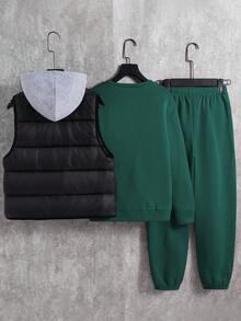 SHEIN 3pcs/Set Kids/Tween Boys Casual Street Style Letter Print Graphic Crew Neck Loose Knit Sweatshirt, Knit Pants, Quilted Padded Vest, Suitable For School, Garden, Beach, Birthday, Spring, Summer, Autumn, Winter