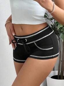 SHEIN EZwear 女款繩帶拼接外穿超短熱褲 - 黑色 - 查看 6