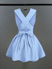 Franclia 女士浪漫优雅性感婚礼宾客纯色交叉 V 领无袖 A 字迷你连衣裙，演唱会服装百搭设计，适合海滩、派对、春夏口袋晚礼服露背奶油黄短裙