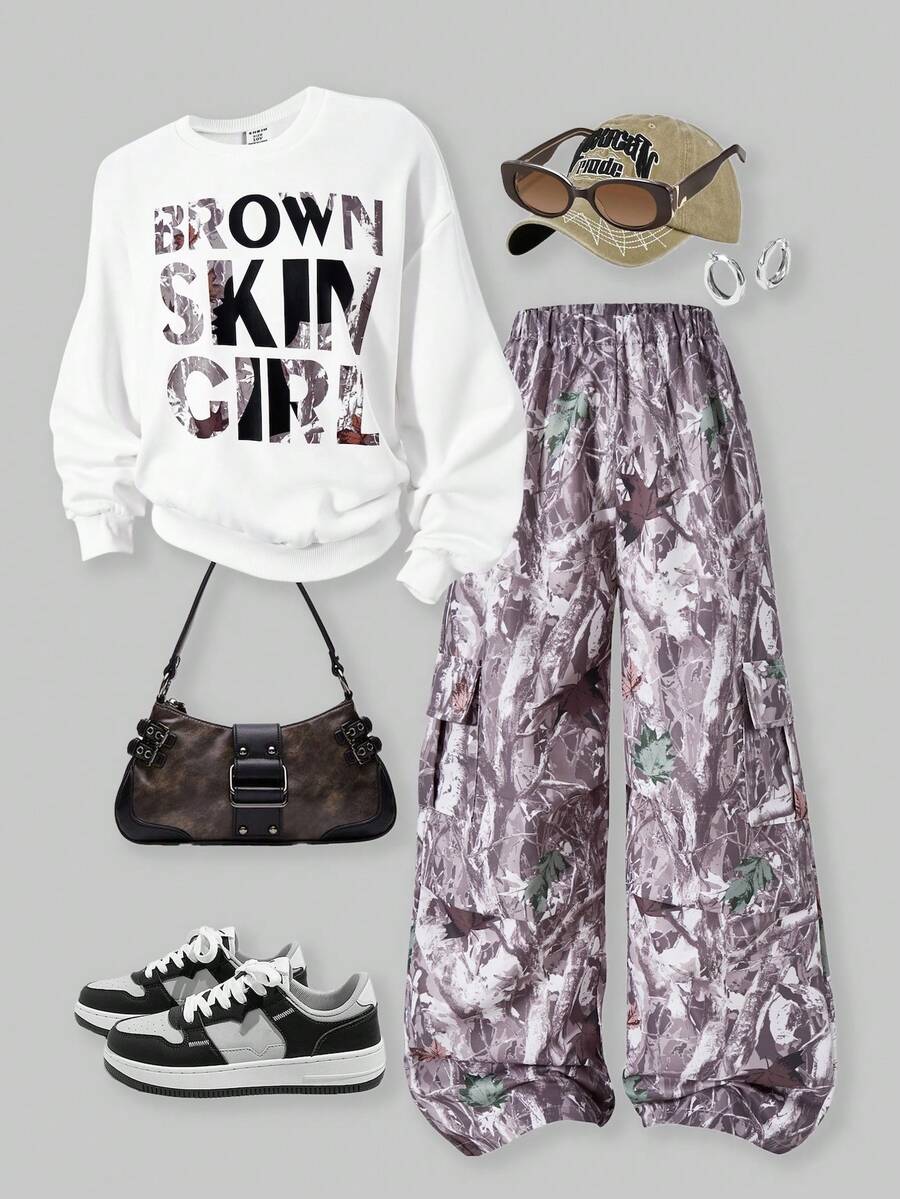 SHEIN ChillGRL 2 件套 Streecool Tween Girl 女童休闲厚针织套头连帽 T 恤,带字母印花和叶子印花直筒裤套装,适合春秋季日常休闲、运动、度假 - 彩色 - 查看 1