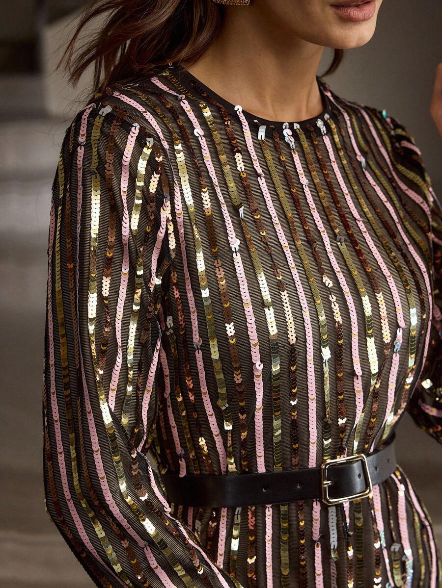 ZEYLAH 女士时尚派对宴会撞色亮片条纹图案系带连衣裙 - 黑色 - 查看 1