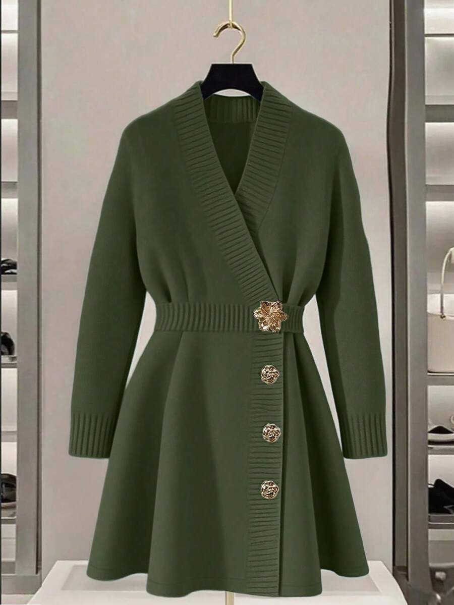 SHEIN Franclia 新款秋季V领收腰针织A字连衣裙,优雅迷人 - 軍綠色 - 查看 1