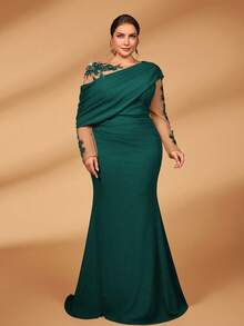 Serin Đầm dáng đuôi cá ôm sát, thanh lịch, lãng mạn, sang trọng, chất liệu vải dệt kim co giãn, phối lưới tương phản, vai bèo nhún bất đối xứng, thích hợp cho tiệc tối, hẹn hò, dạ hội, kỳ nghỉ, đám cưới, váy cho mẹ cô dâu, ngày Valentine. - Màu xanh lá cây đậm - Xem 7