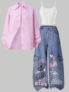 SHEIN ChillGRL Tween Girl 条纹印花长袖衬衫 + 白色吊带背心 + 字母印花阔腿牛仔裤 3 件套 - 彩色 - 查看 5