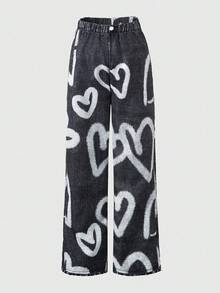 SHEIN ChillGRL Tween Girls' Heart Print Loose Wide Leg Casual Pants - Black - View 8