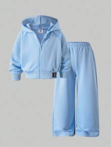 SHEIN ChillGRL Streecool 年轻女孩休闲学院风年轻女孩百搭小标志连帽宽松拉链运动衫和阔腿运动裤套装，适合休闲和运动 - 淺藍色 - 查看 8