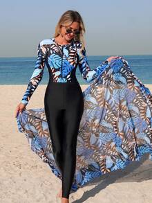 SHEIN Swim Mulvari Bộ 3 món bán chạy nhất cho kỳ nghỉ hè đi biển: Áo tắm liền thân tay dài in hoa, khóa kéo phía trước + Quần cạp chun màu trơn + Áo khoác ngoài bằng vải lưới in hoa. - Nhiều màu - Xem 3