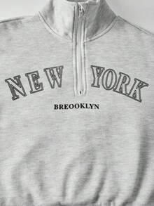 SHEIN ChillGRL 青少年女孩两件套春/秋/冬休闲立领字母图案运动衫和短裤 - 淺灰色 - 查看 5