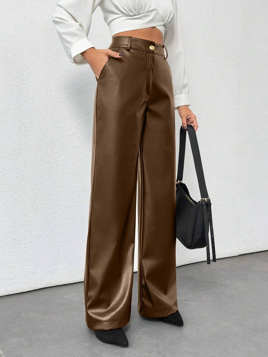 EURMUSE Gold Button Detailed Straight Fit Leather Pants - Mocha Brown - View 1