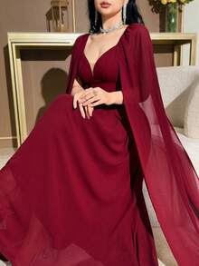 Modelyn 女士纯色心形领口披肩袖优雅连衣裙 - 酒紅色 - 查看 2