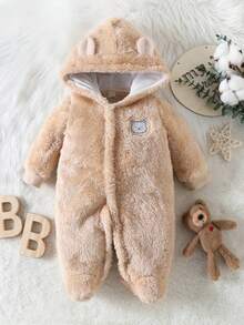 SHEIN 婴儿简约图案连帽可爱长袖睡衣 - 卡其色 - 查看 1