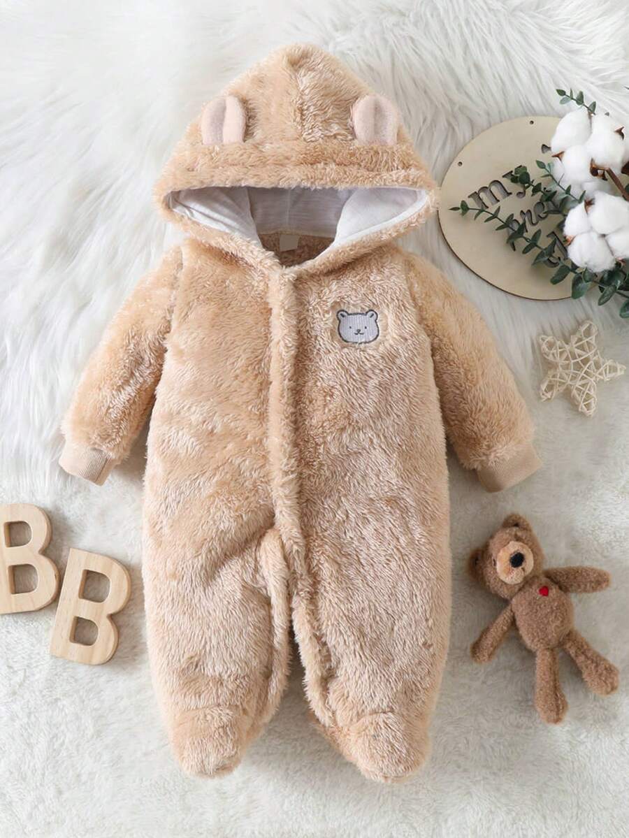 SHEIN 婴儿简约图案连帽可爱长袖睡衣 - 卡其色 - 查看 1