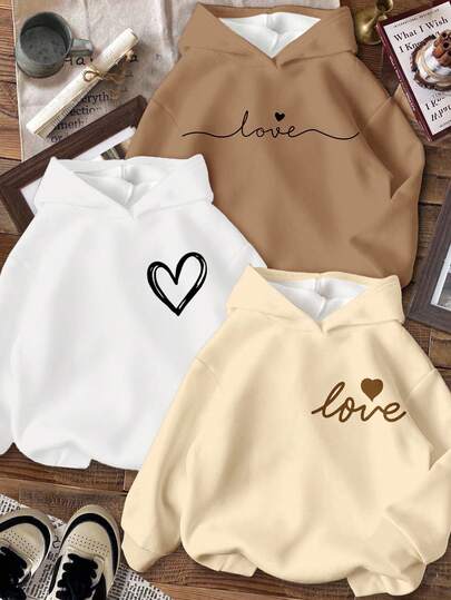 sweat-shirt à capuche ample et confortable à manches longues pour jeune fille, imprimé cœur et amour, dans un coloris chiné, adapté à l'automne/hiver, style casual campus, sports, pour la promenade, le pique-nique, la photographie de rue, à la maison