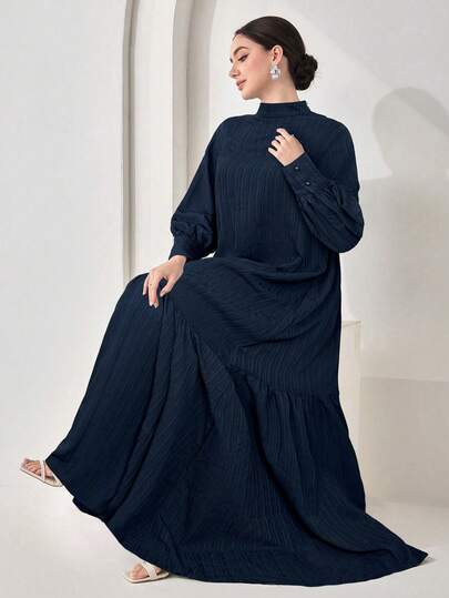 Veilorie Women's Elegant Solid Color Textured Loose Ruffled Hem Arabic Style Dress, Autumn