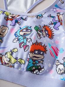 Nick 90s | SHEIN Bộ áo ngực và quần lót liền thân họa tiết hoạt hình viền tương phản thoải mái dành cho nữ - Màu tím - Xem 6