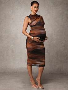 MaterniChic 孕妇扎染印花立领褶皱修身连衣裙 - 棕色 - 查看 7