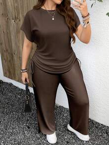 EMERY ROSE 2pcs/Set Casual Solid Brown Color Outfit, Suitable For Christmas, New Year, Autumn/Winter - Brown - View 5