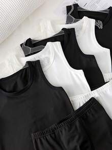 SHEIN Playful Pals Set de 10 piezas de ropa interior básica de algodón, camiseta sin mangas, calzoncillos y bóxers para niños jóvenes con estilo deportivo y colegial sencillo - Blanco y Negro - Ver 5
