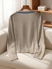 Franclia New Autumn Slim Fit V-Neck Contrast Color Elegant Cardigan For Women - Khaki - View 2