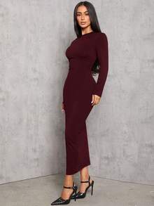 SHEIN PETITE 纯色褶腰黑色长袖连衣裙 - 中紫紅色 - 查看 3