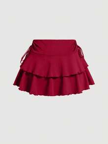 SHEIN PETITE CURVE Drawstring And Fold Detail Solid Color Cake Skirt - Red - View 4
