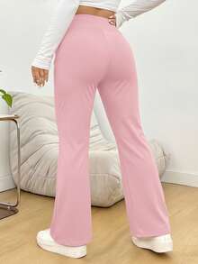SHEIN PETITE CURVE 大码高腰休闲纯色喇叭裤 - 粉色 - 查看 2