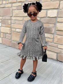 SHEIN 1pc Girls Sweater Dress, Sweet Style, Classic Cable Knit, Round Neck, Frill Trim On Sleeves And Hem, Waist Cinched, White Elegant Knit Dress, Suitable For Outings, Home, And Casual Wear, Spring/Autumn - Grey - View 4