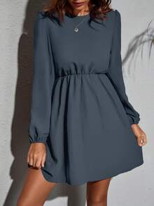 SHEIN Clasi Váy dài tay thường ngày, phù hợp cho các lễ hội âm nhạc - Màu xanh bụi bặm - Xem 5