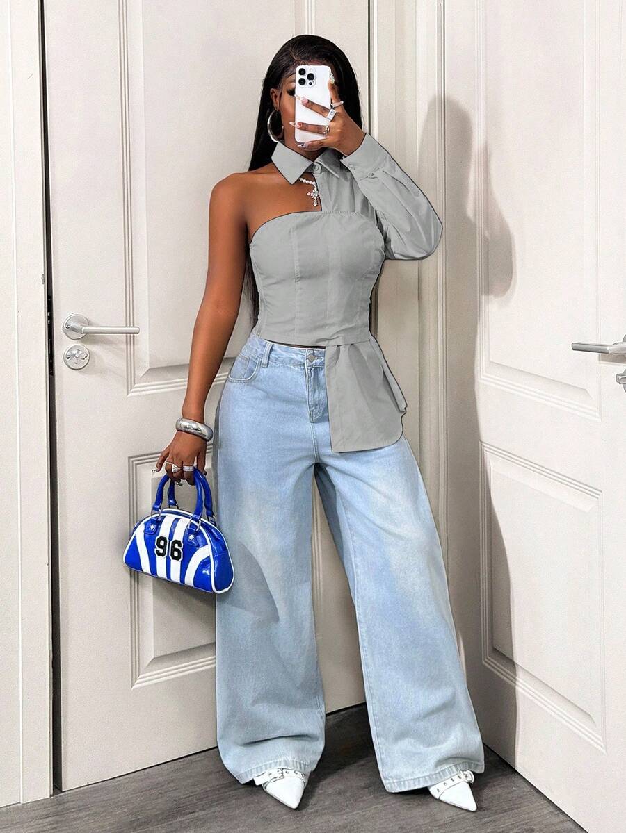 BamGleam Casual Minimalist Solid Color Fitted Asymmetric Women Shirt - Grey - View 1