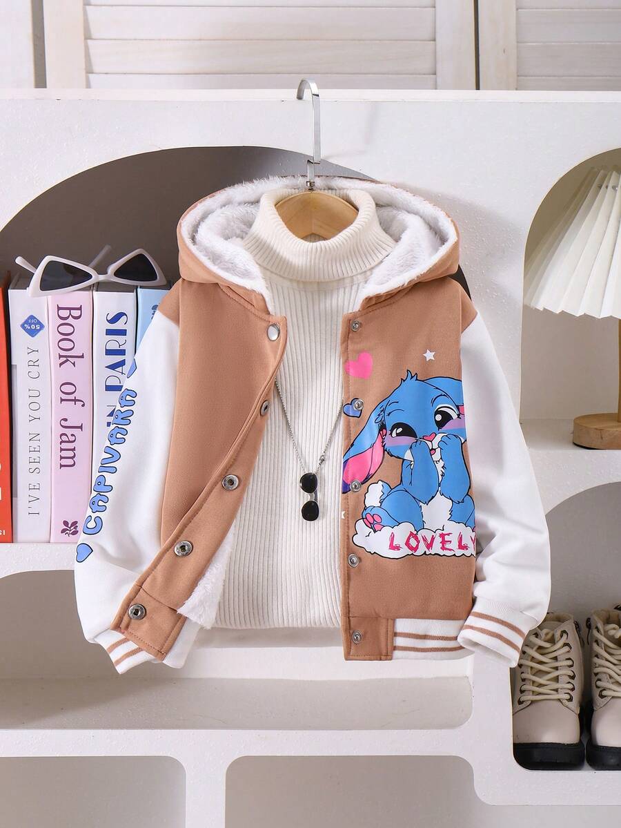 SHEIN 女童卡其色长袖连帽蓝色兔子印花可爱仿毛皮内衬外套，儿童秋冬外套 - 卡其色 - 查看 1